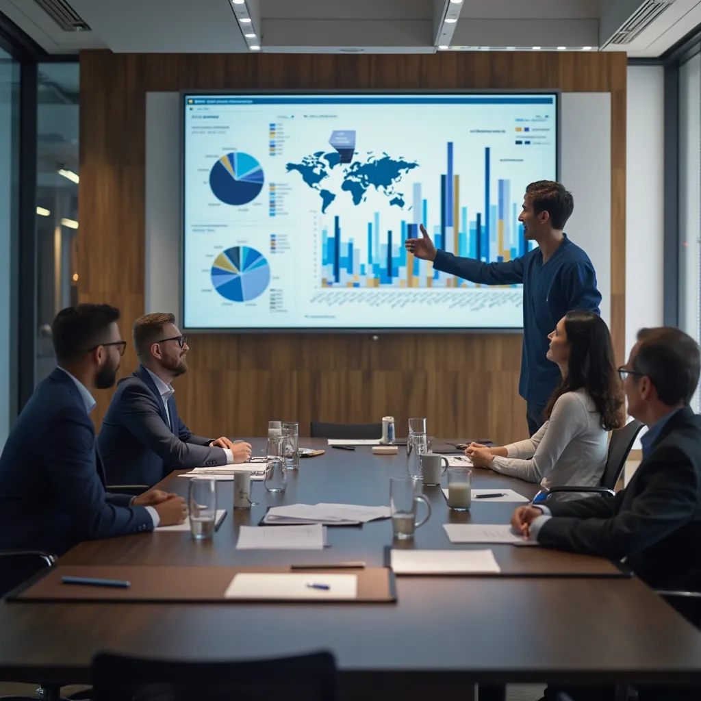 Equipo analizando datos en sala de juntas